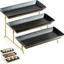 LYEOBOH 3 Tier Serving Tray Set, Tiered Serving Stand with Platters, Serving Dishes for Entertaining Halloween Christmas Party, Collapsible Sturdier Stand & 14 Inch Large Platters for Food Display (Black)