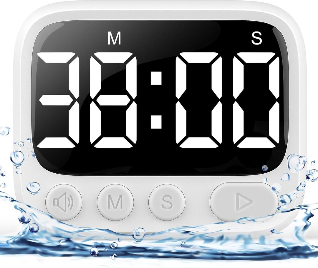 Shower Timer Waterproof Bathroom Toilet Timer Digital Kitchen for Wall Mount, Study w/Foldable Stand, Countdown Stopwatch w/Suction Cup for Swim, Rechargeable, White