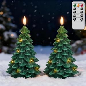 Lasumora Christmas Tree Shaped LED Candles with Remote Timer, 2 Pcs Flameless Pillar Candles with Embedded String Lights, Battery Operated Flickering Green Candles for Christmas Home Dcor