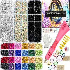 Hot Fix Applicator Tool Kit with 8500 Rhinestones for Blinging Clothes, Fabric, Clothing, Leather, Hotfix Bedazzler Kit with 6 Tips, Stand, Gift Box, Manual, Glove, Stencils, Tray, Tweezers, Picker