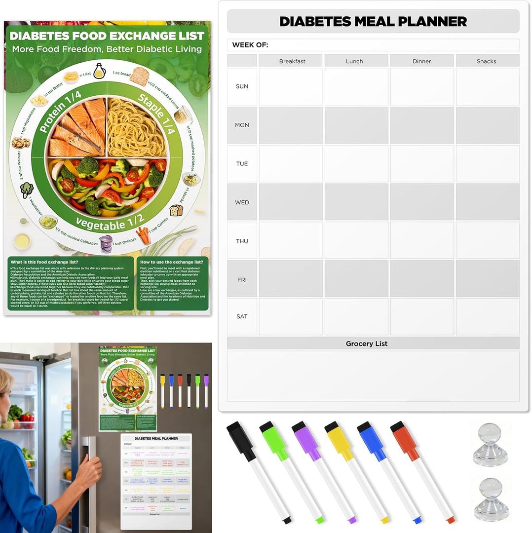 OUTXE Beginner-Friendly Diabetes Food List and Meal Planner, Laminated Diabetic Food Guide Chart | Healthy Mediterranean Diet | Low Carb | Glycemic Index for Pre Type 1 2 (Magnetic Food Planner Set)