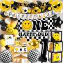 One Happy Dude 1st Birthday Party Decorations Party Supplies First Birthday Party Decoration for Boy Black and Yellow Theme Backdrop Balloon High Chair Banner Balloon Boxes Crown Poster (Selection-D)