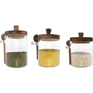 Glass Jars with Wooden Lids and Spoons set of 3,Clear Glass Coffee Containers with Scoop Decorative Kitchen Food Storage Jars for Coffee Beans, Tea, Nut Candy, Sugar, Bath Salts(17OZ/22OZ/27OZ)