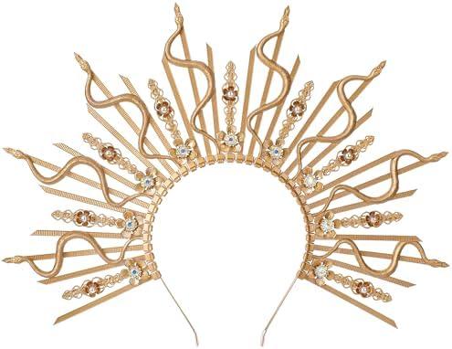 COSUCOS Medusa Snake Halo Crown - Gold Sunburst Spiked Renfaire Sun Halo Headband with Flower Rhinestones, Greek Goddess Virgin Mary Headpiece for Women Renaissance Halloween Cosplay Renfaire Costume