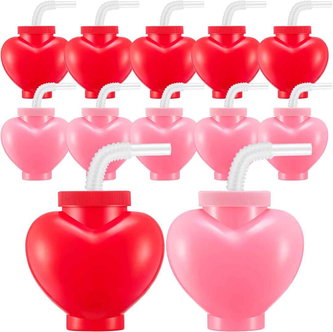 Amyhill 24 Pcs Valentine's Day Heart Shaped Cups with Lids and Straws 12 oz Plastic Heart Cups for Kids Party Favors, School Classroom Exchange Prizes Gift