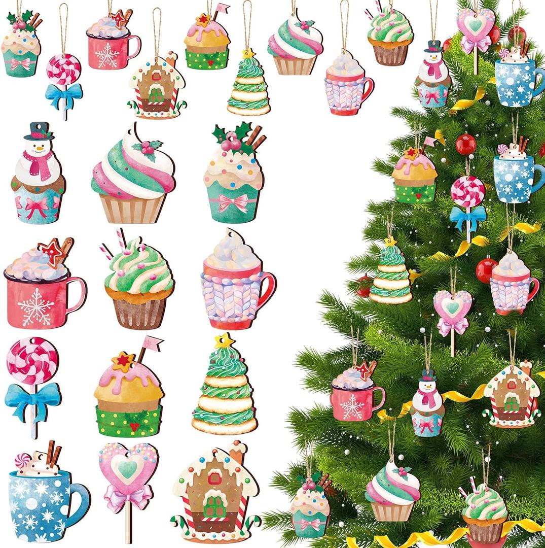 BBTO 36 Piece Christmas Ornaments - Wooden Cupcake & Candy Ornaments with Rope Hanging for Tree & Home Decoration BBTO 36 Piece Christmas Ornaments - Wooden Cupcake & Candy Ornaments with Rope Hanging for Tree & Home Decoration