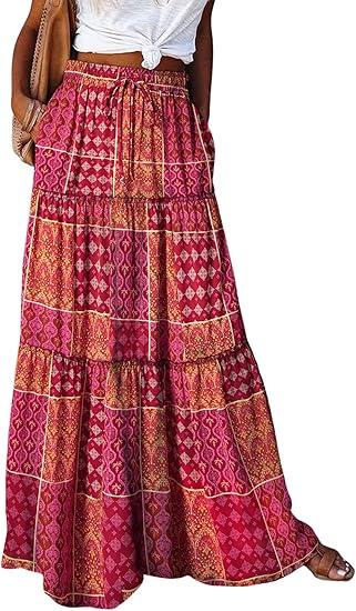 Happy Sailed Womens Floral Print Boho Maxi Skirt Elastic High Waist Pleated Ruffle Flowy Long Skirts M-L Print Red