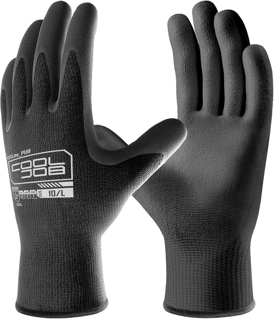 COOLJOB 12/60 Pairs Safety Work Gloves Pack Bulk with Grip PU Coating, 13 Gauge Seamless Knit Gloves with Polyurethane Dipped for Warehouse Working, Breathable Lightweight for Men Women, Black Medium