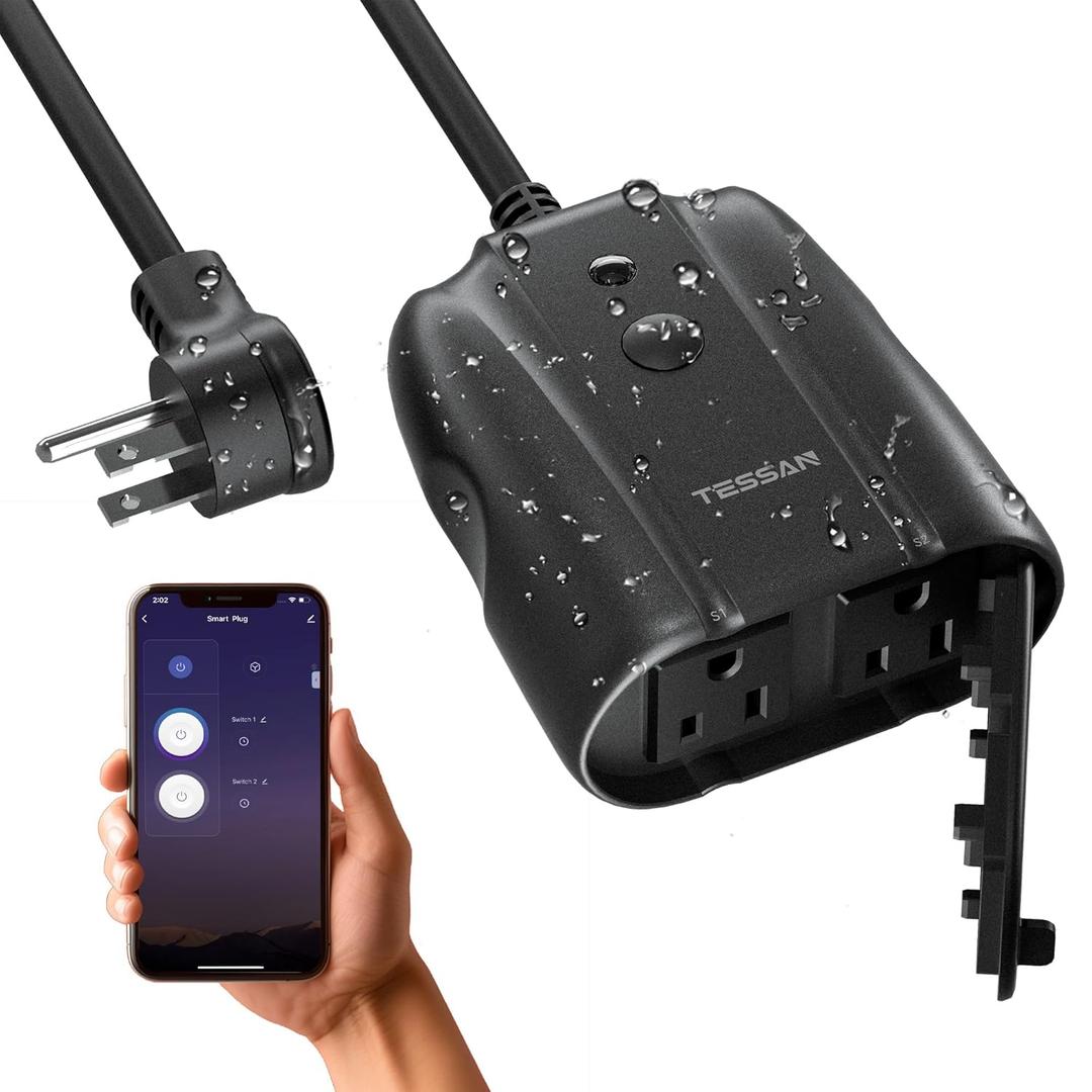 Outdoor Smart Plug Waterproof, TESSAN Smart WiFi Outlet Compatible with Alexa, Google Assistant, 2 Individual Sockets Outside Power Strip with Switch, 2.4GHz Wi-Fi Only, for Lights and 2HP Pool Pump (Black)