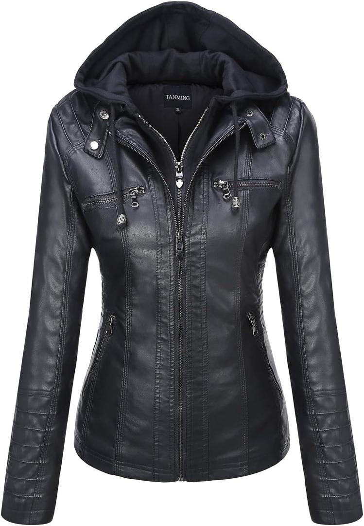 Tanming Womens Faux Leather Jacket Hooded Moto Biker Coat Outerwear Fall Fashion Outfits Winter Clothes (Medium, Black)