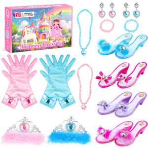 DISHIO Girls Princess Dress Up Shoes and Jewelry Boutique Upgraded Princess Shoes and Accessories with 4 Pair of Princess Play Shoes and Jewelry Set for Toddlers Little Girls Aged 3 4 5 6