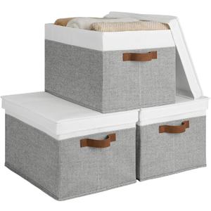 StorageWorks Storage Bins with Lids, Decorative Storage Boxes with Lid and PU Handles, Foldable Storage Baskets for Closet, Shelves, Stackable, Gray and White, Jumbo, 3-Pack