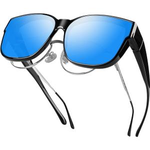 2 x FIMOSON Over Glasses Sunglasses for Men Women, Polarized UV400 Protection Fit Over Sunglasses for Driving (A01 Black Frame/ Blue Lens)