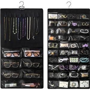 Double-Sided Hanging Jewelry Organizer with 48 Pockets and 8 Hooks  Versatile Accessories Holder for Earrings, Necklaces, Rings, Glasses  Wall, Door, or Closet Mounted Jewelry Hanger. (Black (without zipper))