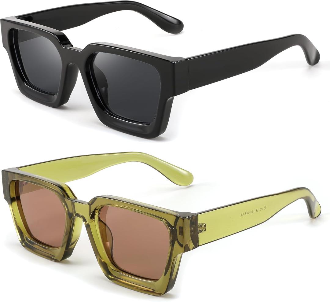 FEISEDY Retro 90s Square Sunglasses for Women Men Trendy Chunky Rectangle Sunglasses UV400 Protection B2385 (2pcs - Balck + Transparent Green / Tea)