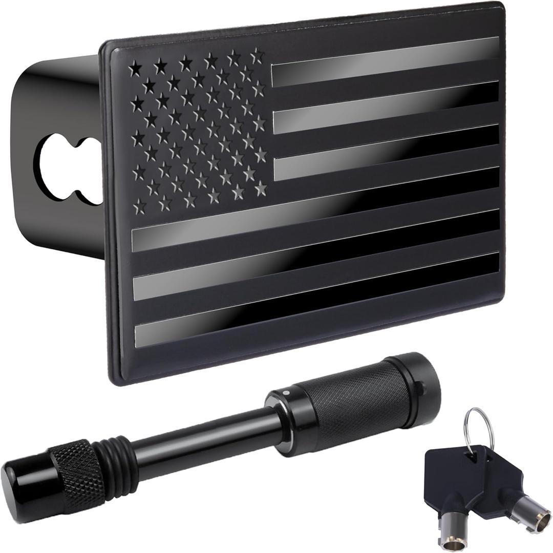 BFXM 2 Inch Trailer Hitch Cover, American Flag Stainless Steel Metal Hitch Cover with 5/8 Inches Pin Diameter Trailer Hitch Lock, Trailer Plug Receiver and Tow Cap for Truck Accessories