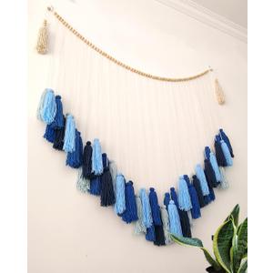 LVOPO Large Macrame Wall Hanging, Boho Wall Decor with Wood Beads, Bohemian Woven Wall Tapestry, Room Colorful Tassels Wall Art - Blue - 48" W x 36" H