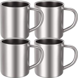 Cunhill 4 Set 10oz/300ml Stainless Steel Coffee Mug with Handle Metal Double Walled Cups Camping Mug Dishwasher Safe Tea Cups for Home Camping Travel Outdoors RV Keep Drinks Hot