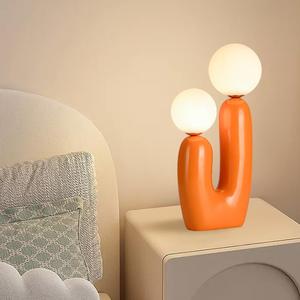 Modern Orange Cactus Shape 2 Lights Table Lamp Mushroom White Milk Globe Glass Table Light Cute Dimmable Resin Light Fixtures for Bedroom Living Room Childrens Room Kids Room Corner