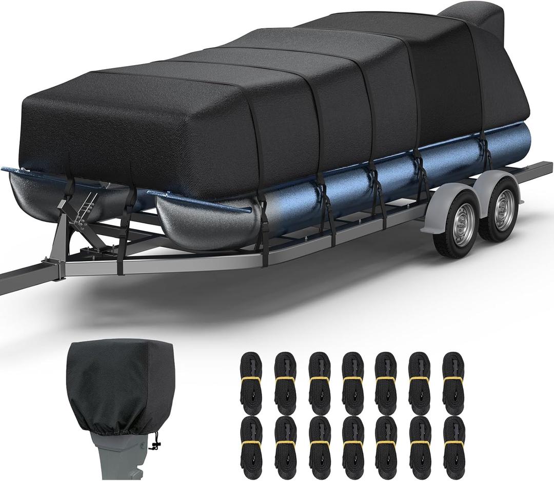 RVMasking Pontoon Boat Cover with Motor Cover, 1400D Heavy Duty Middle Reinforced, Marine Grade Waterproof Boat Cover for Length: 25'-28', Beam Width up to 102", Black