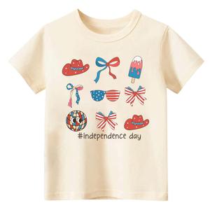 T 4th of July Toddler Baby Boys Girls T-Shirt Kids Coquette Bow Star Stripe Short Sleeve Top(Size 120 ,Beige Coquette Bow)