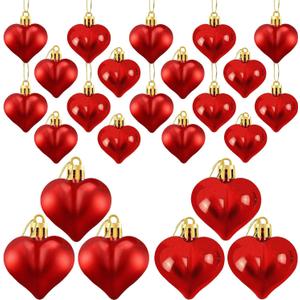 24 Pieces Valentine's Day Heart Shaped Ornaments, Glossy and Matt Heart Baubles Hanging Decorations for Valentine's Day Wedding Anniversary Home Party Decor (Red)