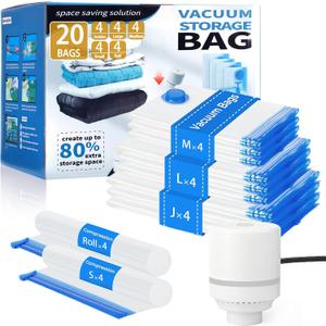 20 Pack Vacuum Storage Bags with Electric Pump, Compression Space Saver Vacuum Seal Bags 4 Jumbo/4 Large/4 Medium/4 Small/4 Roll Up Bags for Clothing Travel Comforters Blankets Pillows Bedding Duvets