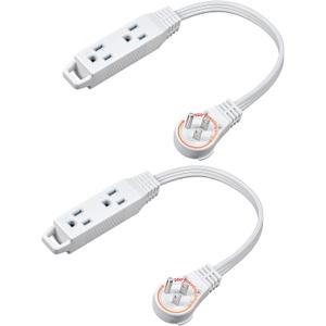 DEWENWILS 1FT 360 Rotating Flat Plug Extension Cord/Wire, 16AWG Multi 3 Outlet Extension Cord, 3 Prong Grounded Wire for Small Appliances, 2 Pack, White