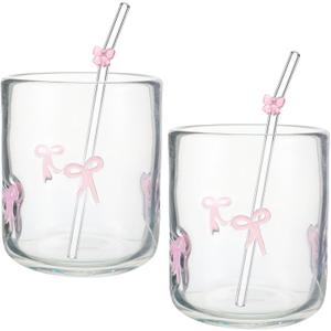 Skylety 2 Set 2 Pink Bow Icon Juice Glass with 2 Pink Bow Glass Straws Bow Aesthetic Cup 14 Ounce Double Old Fashioned Icon Handblown Cocktail Glass for Women Sister Friend Party