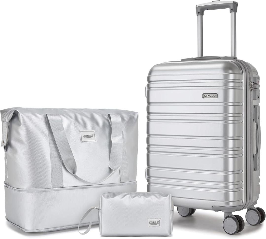 LARVENDER Carry on Luggage Sets 3 Piece, 20inch Suitcase Set, Glossy Silver