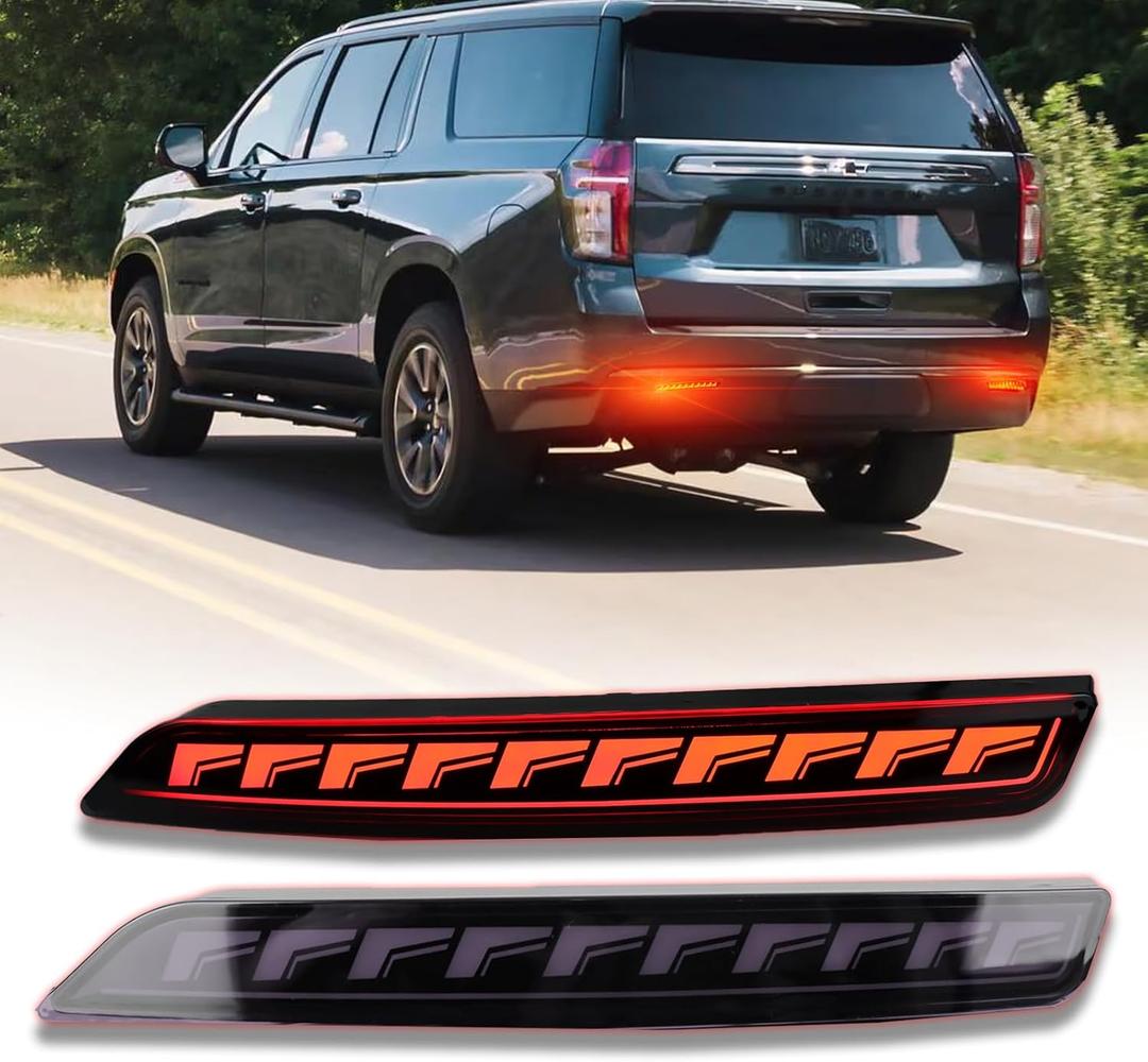 Red Lens Rear Fog Bumper Reflector Brake Tail Sequential Flash Signal LED Lights Lamp Compatible with Chevrolet Chevy Suburban Tahoe GMC Yukon/Denali 2021-2024 Accessories (SMOKED)