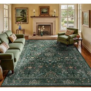 9x12 Floral Washable Area Rug for Living Room, Vintage Boho Large Rugs for Bedroom Dining Room, Botanical Birds Non Slip Low Pile Forest Throw Carpet for Farmhouse Office, Retro Green/Blue