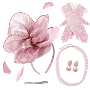 4 PCS Fascinators Hat Wedding Cocktail Tea Party Headwear with Lace Gloves Pearl Necklace Earrings (Pink)