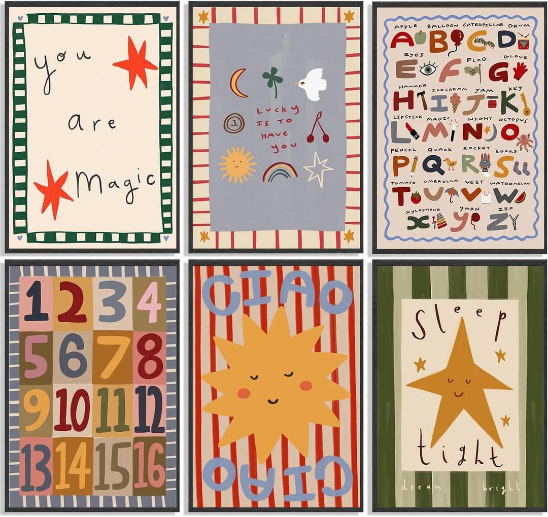 6Pcs Colorful Kids Room Wall Art Digital Letter Educational Wall Decor Prints Boho Colorful Stripes Paintings Artwork Star Sun Pictures for Nursery School Home Decoration 12x16in No frame (16L"x12W", Poster)