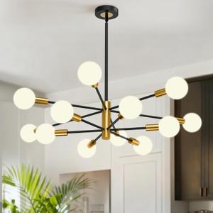 Modern Chandelier, 12-Light Sputnik Ceiling Light Fixture, Mid Century Height Adjustable Sputnik Chandeliers for Dining Room, Kitchen Island, Living Room, Bedroom - Black and Gold
