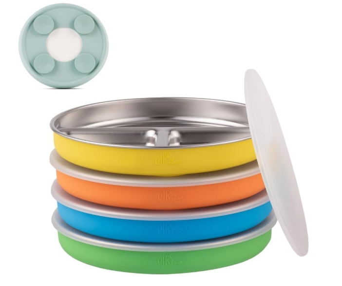 Elk and Friends Stainless Steel Divided Plates with Silicone Sleeve for Babies & Toddlers | Lids Included | Stay Put Suction | Dinner & Snack Plates | 4 Pack
