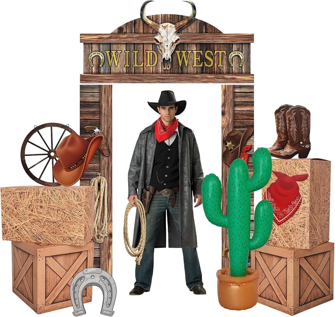 12pcs Western Cowboy Party Decorations,Wild West Door Backdrop Banner , Inflatable Cactus Props, Hay Bales , Wagon Wheel ,Horseshoe,Card Hat for Birthday Wedding Party
