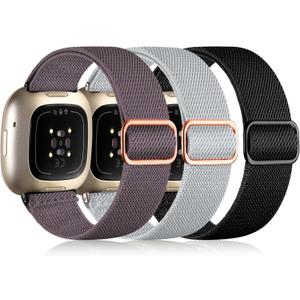Maledan Bands Compatible with Fitbit Versa 3/4 and Sense/Sense 2 Watch Bands, Adjustable Stretchy Fabric Sport Wristbands for Men and Women (Black/ Smoky Purple/ Light Gray) Maledan Bands Compatible with Fitbit Versa 3/4 and Sense/Sense 2 Watch Bands, Adjustable Stretchy Fabric Sport Wristbands for Men and Women (Black/ Smoky Purple/ Light Gray)
