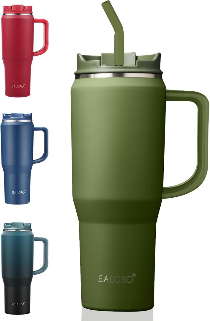 EALGRO 40 oz Tumbler with Handle, Insulated Tumblers with Lid and Straw, Large Metal Sports Water Bottle Jug, Thermal Stainless Steel Travel Coffee Mug Cup, Army Green