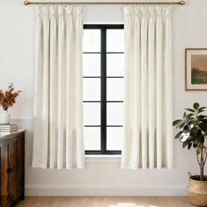 Triple Pinch Pleated Beige White Velvet Curtains 63 inches Long Living Room Darkening Thermal Insulated Luxury Modern Elegant Pinch Pleat Drapes Heavy Thick Ivory Velvet Curtain for Bedroom Girls