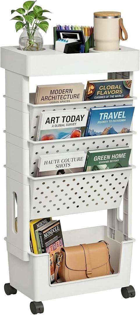5-Tier Mobile Bookshelf, Rolling Bookcase Book Storage Rack, Movable File Folder Organizer Cart with Wheels for Home Study Office Living Room Classroom, White