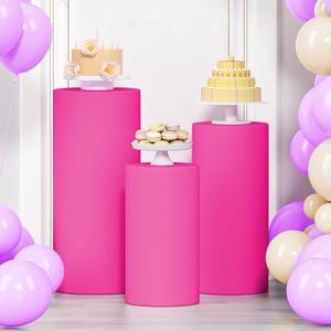 LEBENGURU 3Pcs Cylinder Pedestal Stand Covers Fushia, Round Spandex Display Pedestal Covers, Elastic Cloth Plinth Pillar Cover for Parties Wedding Birthday Event Decor Props (Only Covers)