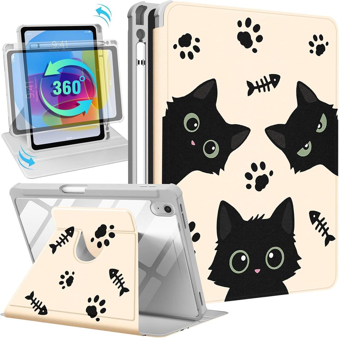 for iPad A16 Case for iPad 10th Generation Case 10.9 inch - 360 Degree Rotating Stand Folio Smart Cover with Pencil Holder for Women Girls, Black Cats for Apple Tablet 10th 2022/11th 2025