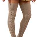 WODECASA Women's Cable Knitted Thigh High Socks Leg Warmers Extra Long Warm Over Knee High Winter Stockings (910 Beige)