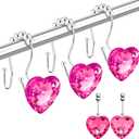 Shower Curtain Hooks Rings for Bathroom, 12PCS Heart Stainless Steel Rust Resistant Decorative Rhinestones Shower Curtain Rings Hangers for Shower Curtains (Double Hook Hot Pink)