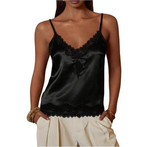 SOLY HUX Women's Satin Lace Camisole Tops V Neck Spaghetti Strap Y2k Going Out Summer Cami Top (Pure Black,S)