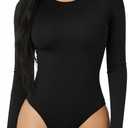 MANGOPOP Women's Round Collar Clothing Short Sleeve Long Sleeve Tops T Shirt Bodysuit(Longsleeve Black, Medium)