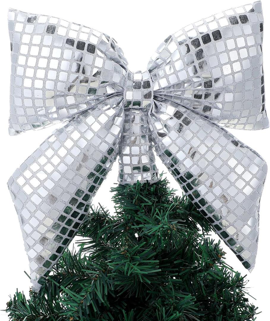 Disco Bow Christmas Tree Topper Vintage Disco Mirror Bow Ornaments Xmas Tree Topper Decorations for Christmas Party Holiday Wedding Birthday Home Indoor Decor