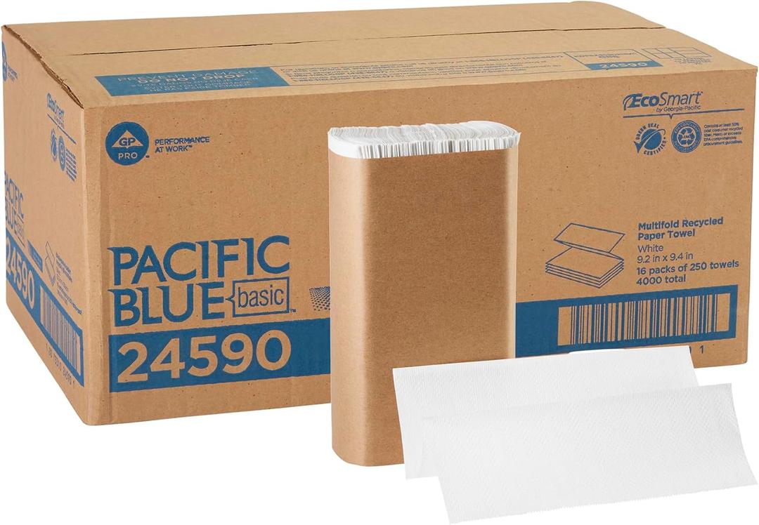 Pacific Blue Basic Recycled Multifold Paper Towels (Previously Branded Envision) by GP PRO (Georgia-Pacific), White, 24590, 250 Towels Per Pack, 16 Packs Per Case (4000 Total), 9.20'' x 9.44