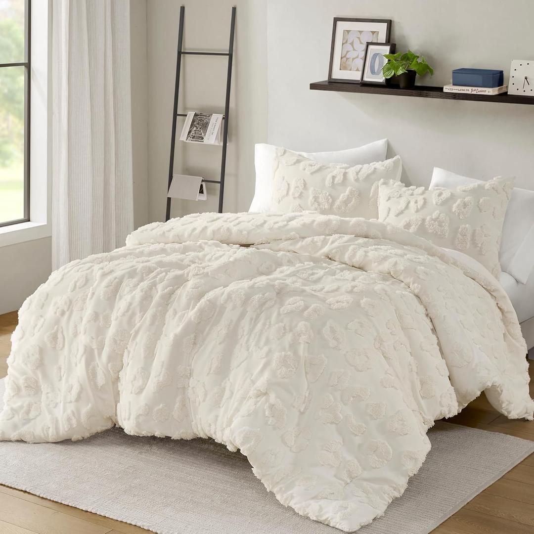 Intelligent Design Queen Comforter Set Chenille Tufted Animal Print Pattern Comforters Queen Size, All Season Fluffy Bedding Soft Microfiber Reverse, Larissa, Full/Queen Off-White 3 Piece